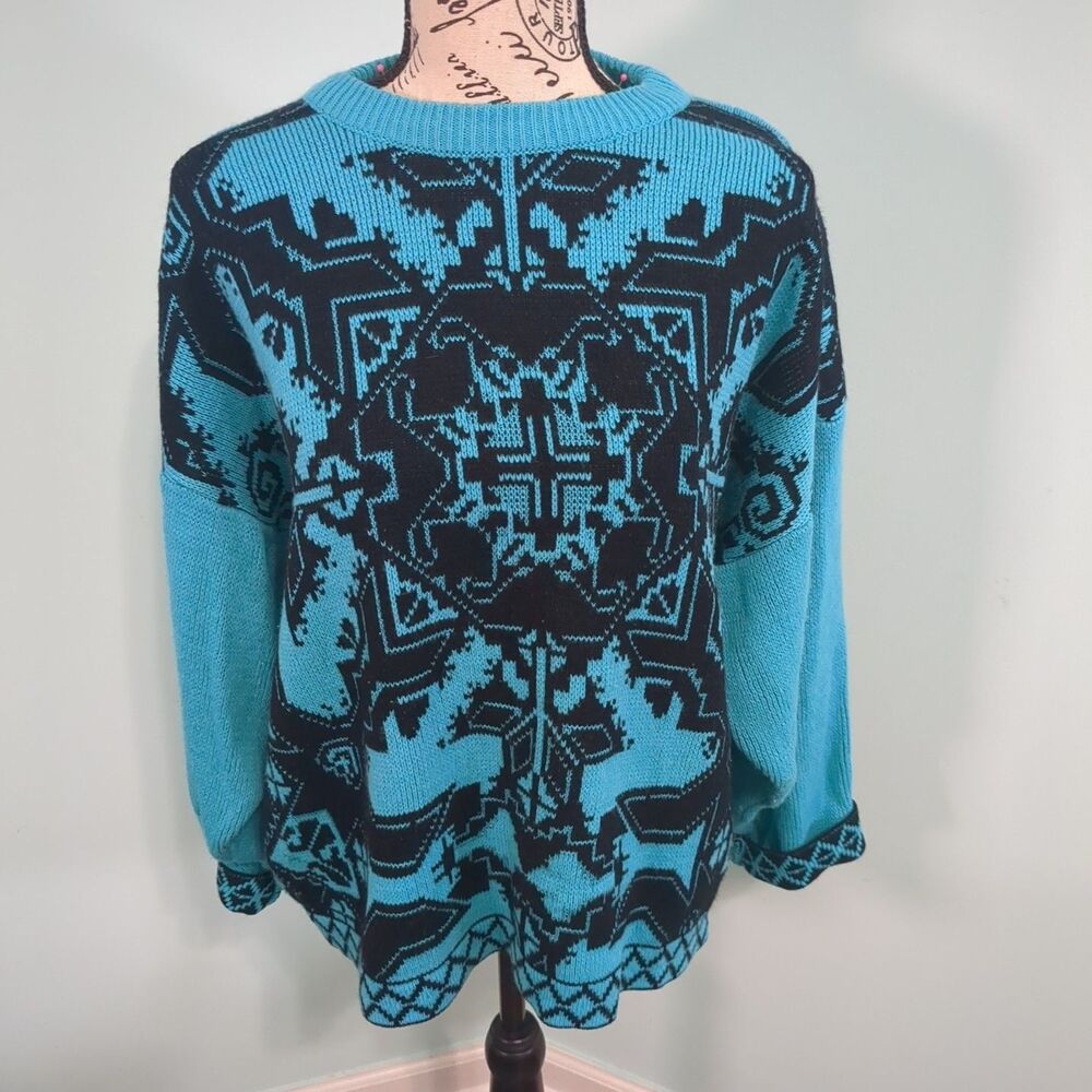 Turquoise Blue Organically Grown medium Acrylic Sweater Oversized Vintage